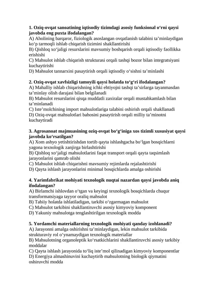 Oziq-ovqat sanoati - Iqtisodiyot fanidan test savollari