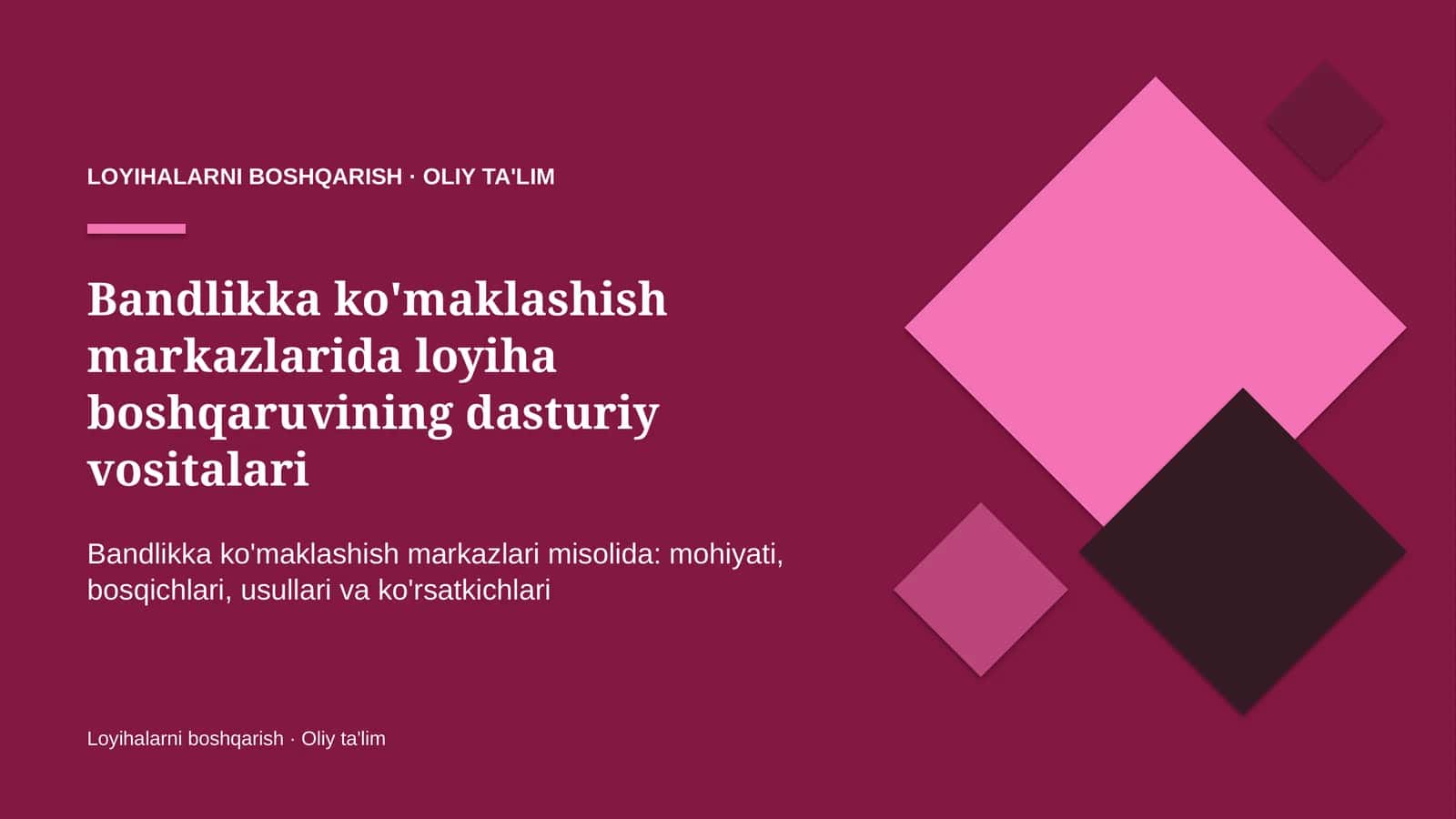 Bandlikka ko'maklashish markazlarida loyiha boshqaruvining dasturiy vositalari