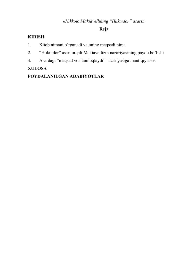 Nikkolo Makiavellining “Hukmdor” asari