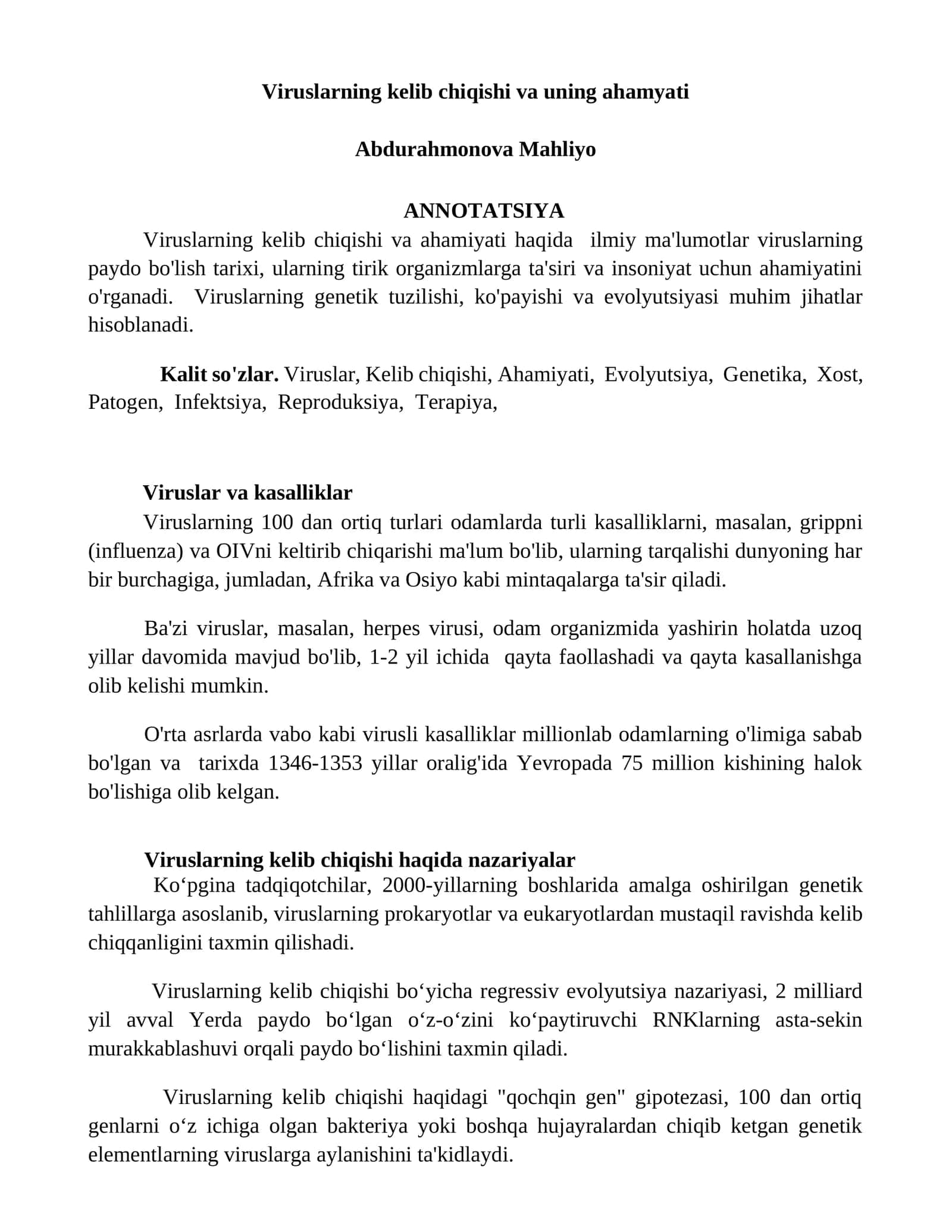 Viruslarning kelib chiqishi va uning ahamyati