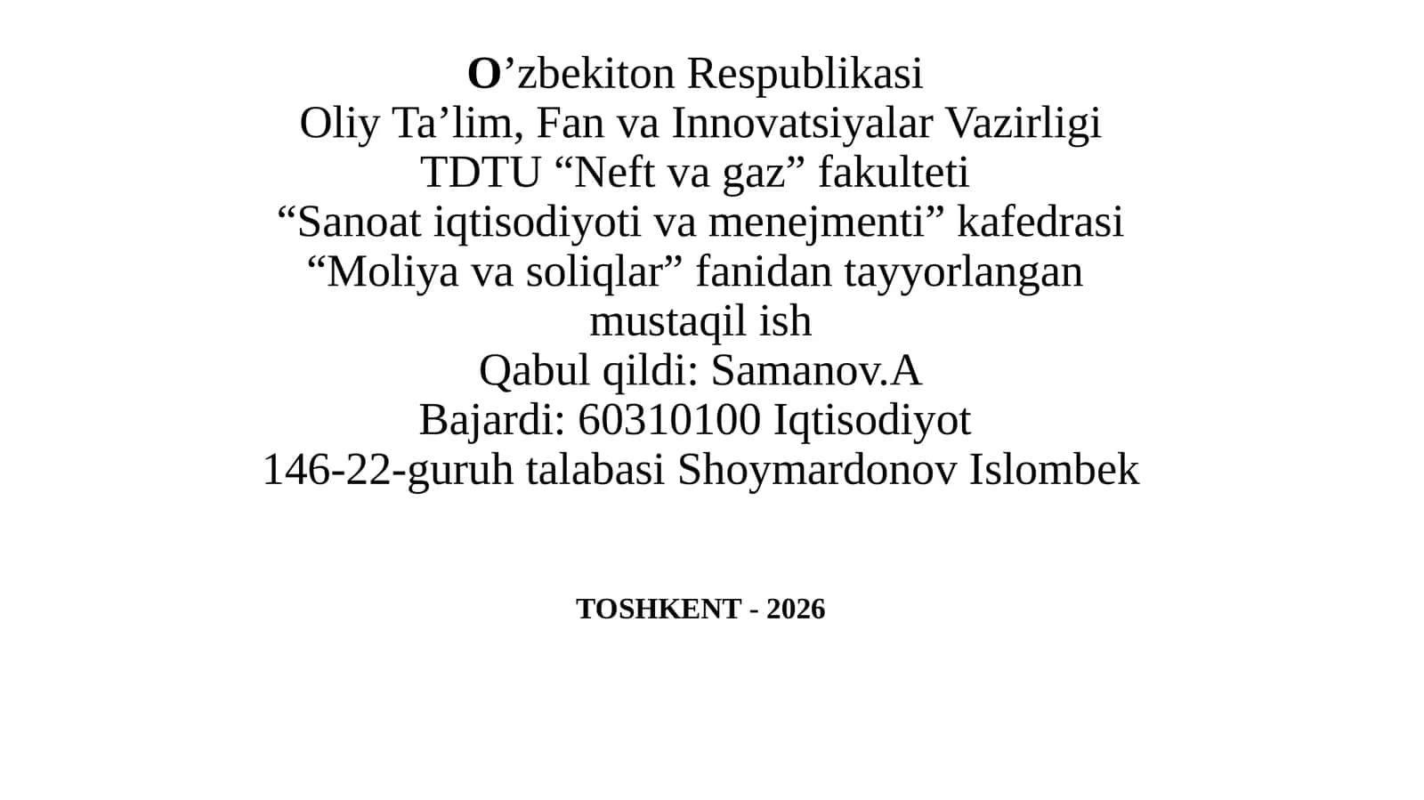 Savdova umumiy ovqatlanish korxonalarini soliqqa tortish