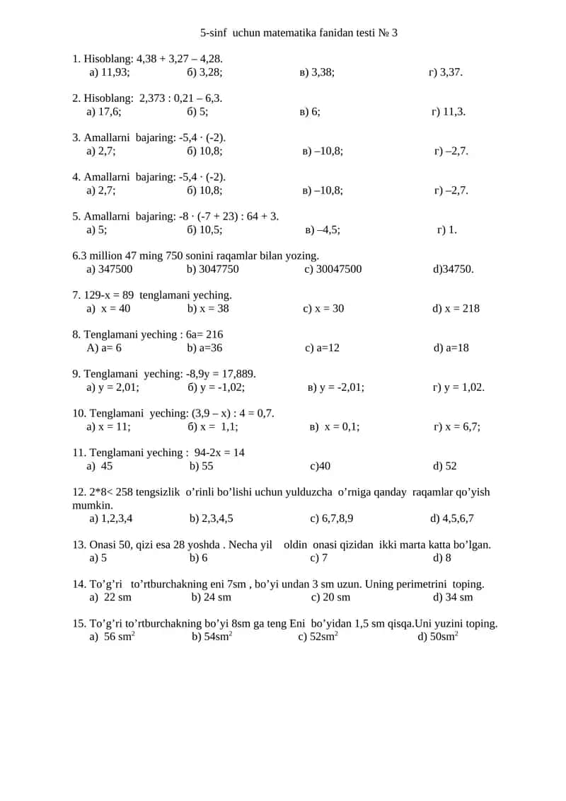 MATEMATIKA TESTLAR