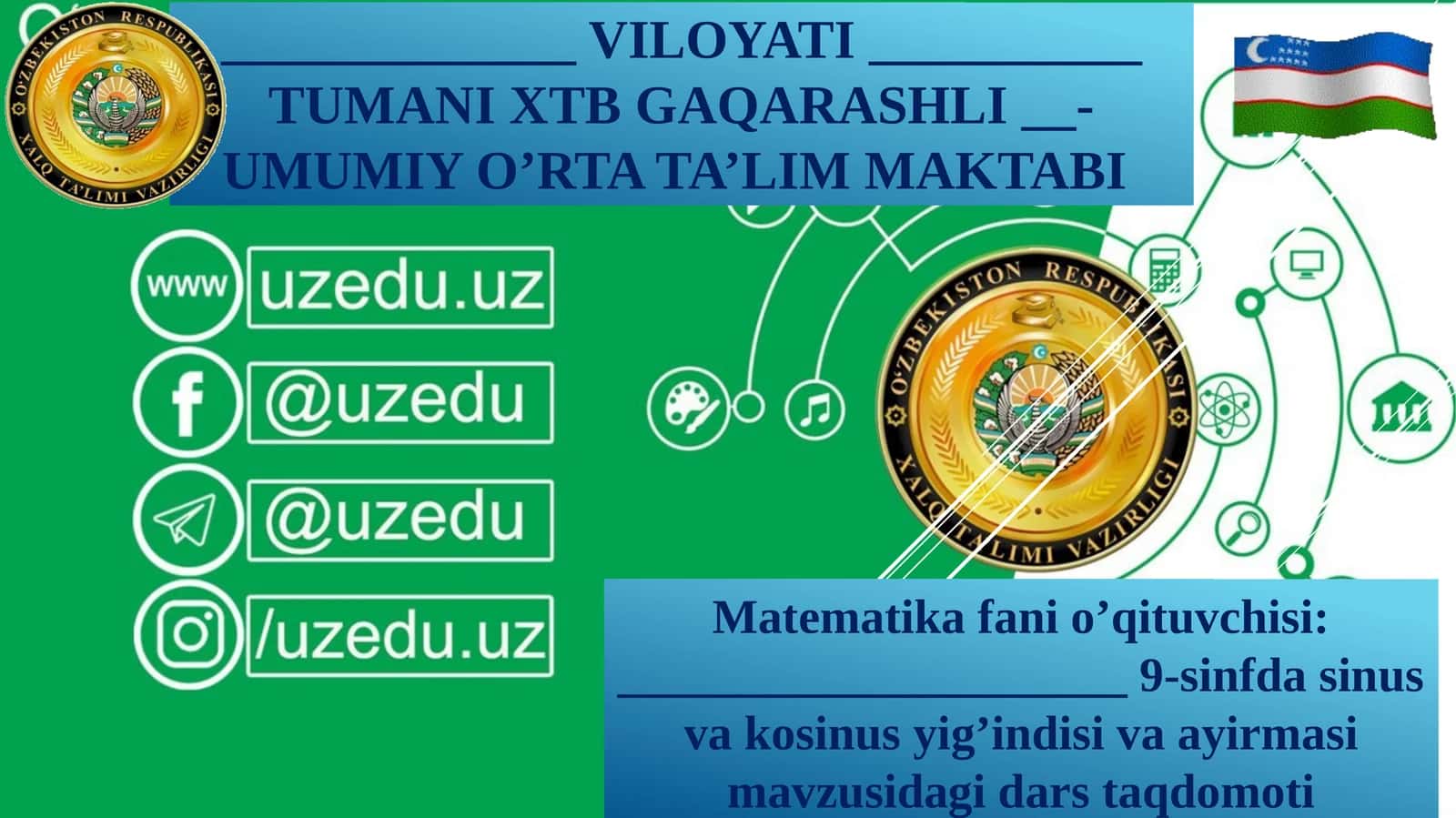 9-sinf Algebra dars ishlanma. Sinuslar, kosinuslar yig'indisi va ayirmasi