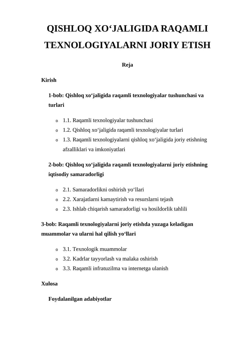 QISHLOQ XO'JALIGIDA RAQAMLI TEXNOLOGIYALARNI JORIY ETISH
