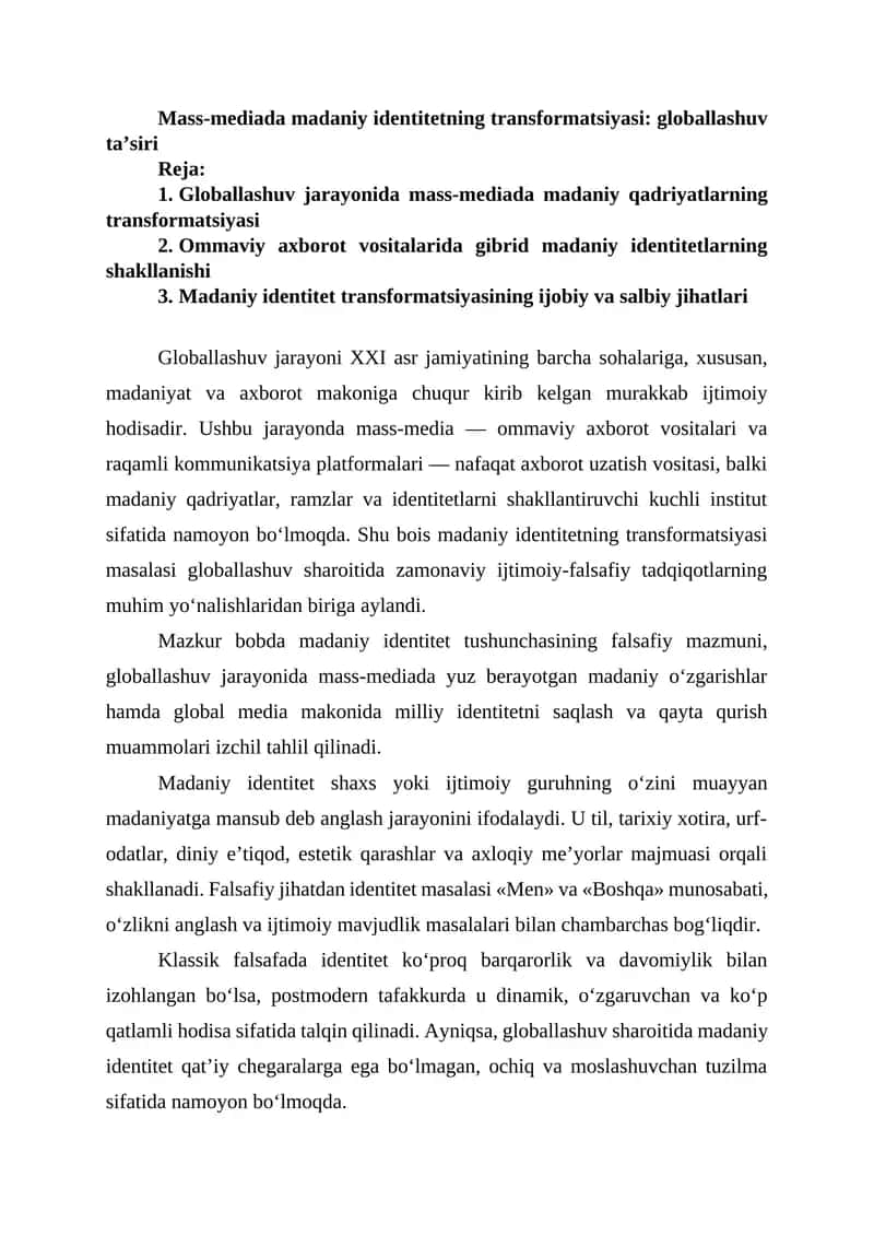Mass-mediada madaniy identitetning transformatsiyasi