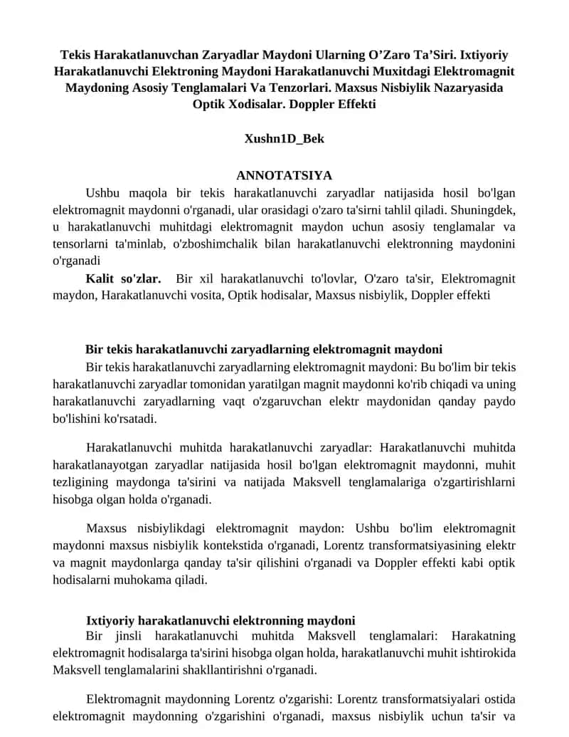 Bir tekis harakatlanuvchi zaryadlarning elektromagnit maydoni