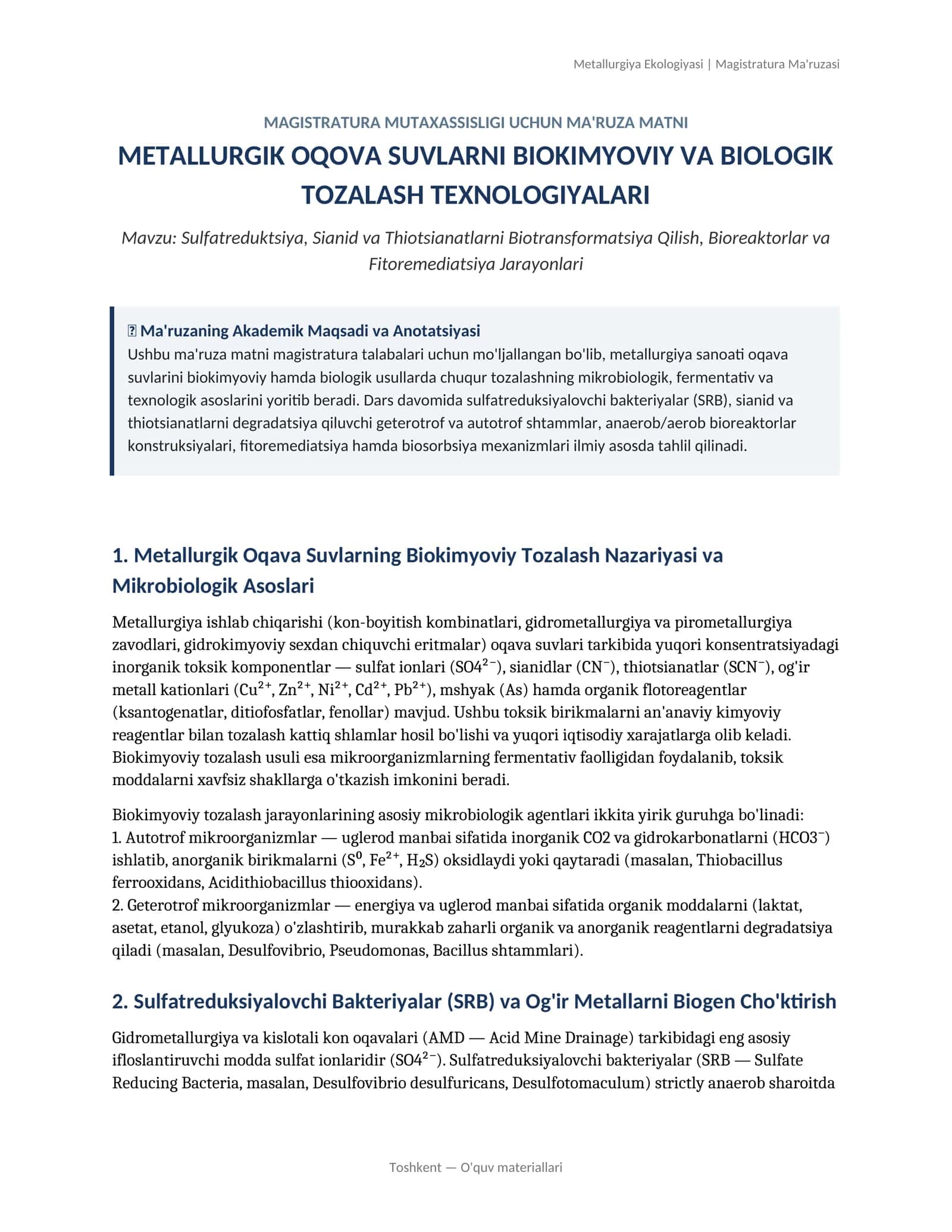 Metallurgiya Ekologiyasi | Magistratura Ma'ruzasi