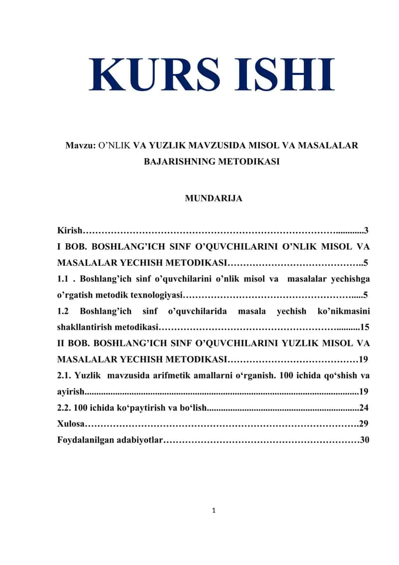 O’NLIK VA YUZLIK MAVZUSIDA MISOL VA MASALALAR BAJARISHNING METODIKASI