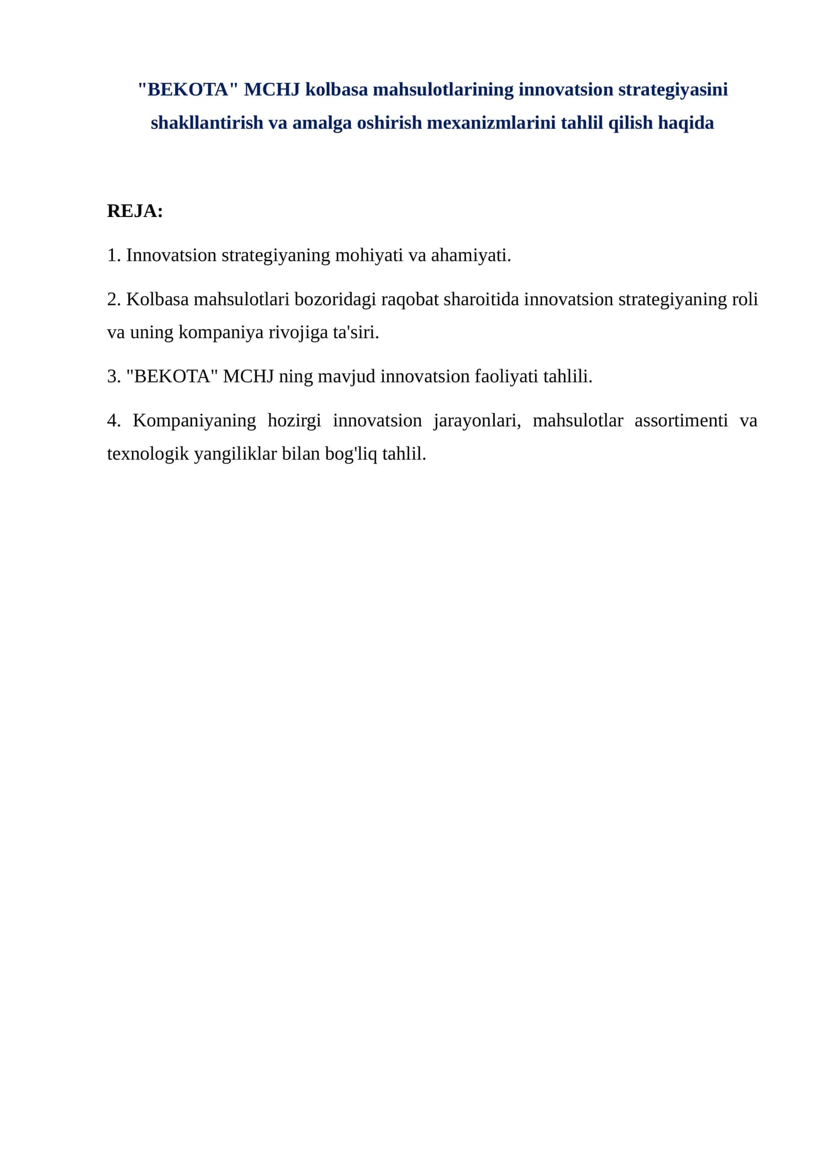 BEKOTA MCHJ kolbasa mahsulotlarining innovatsion