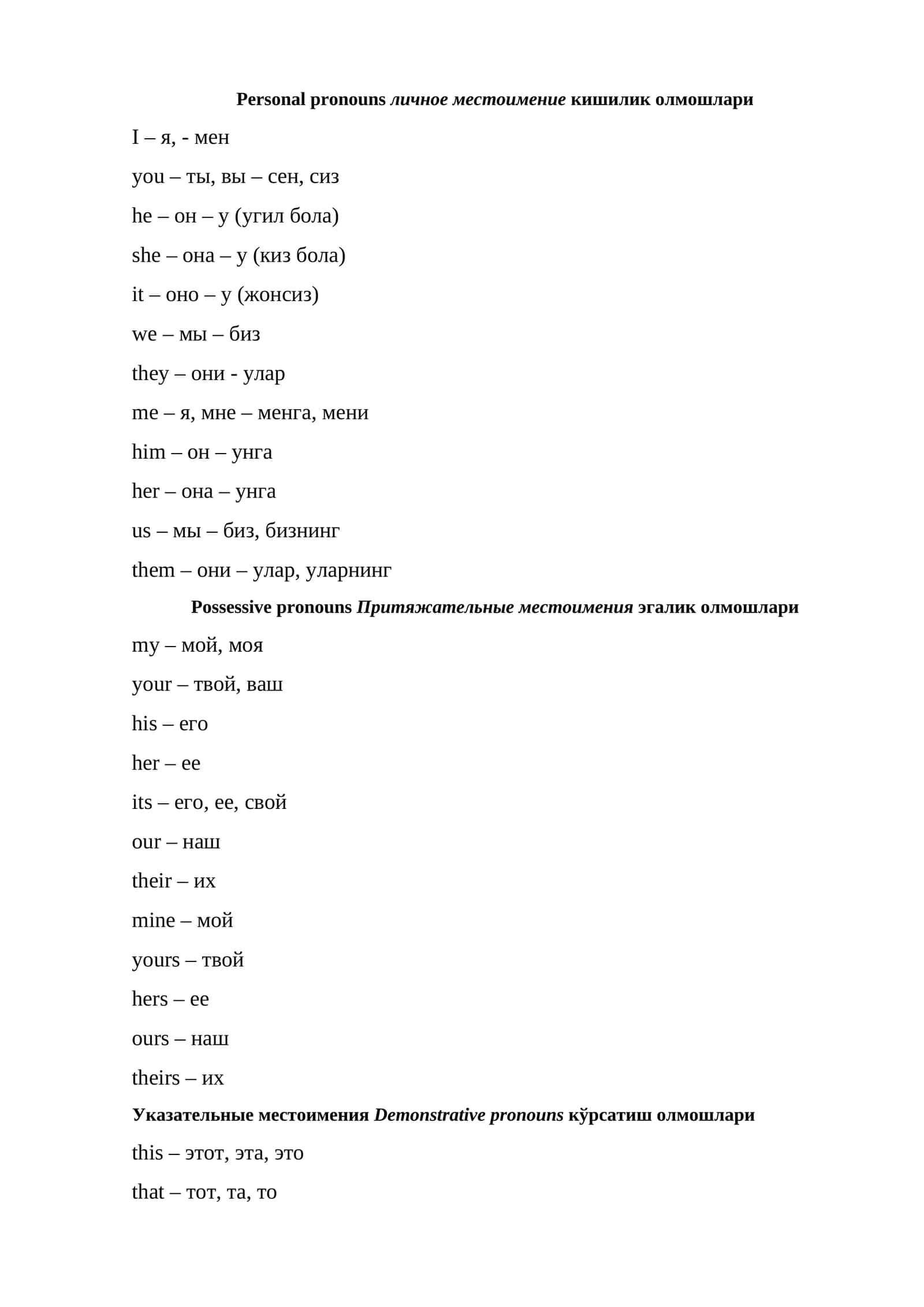 Personal pronouns личное местоимение кишилик олмошлари