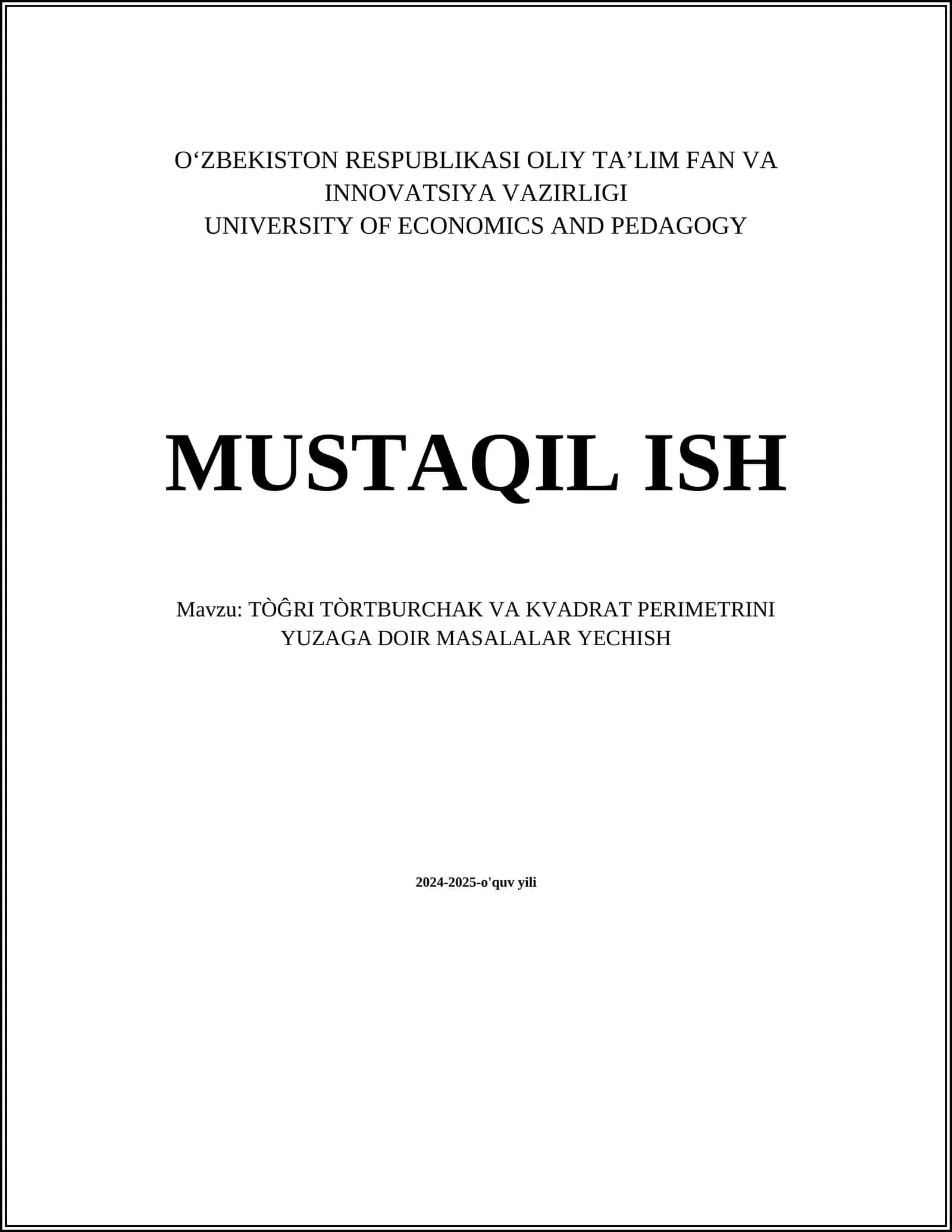 TÒĜRI TÒRTBURCHAK VA KVADRAT PERIMETRINI YUZAGA DOIR MASALALAR YECHISH