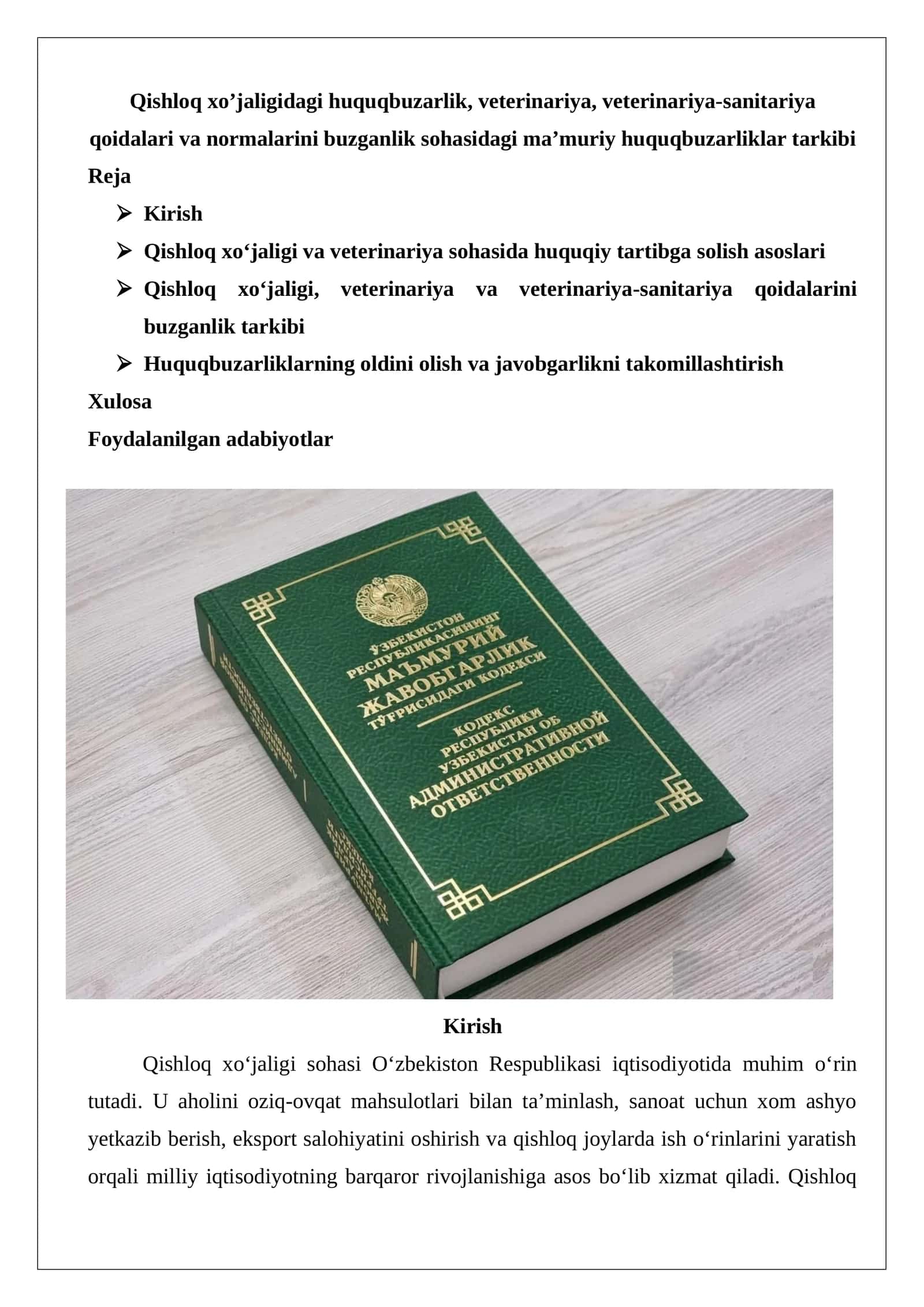 Qishloq xo’jaligidagi huquqbuzarlik, veterinariya, veterinariya-sanitariya qoidalari va normalarini buzganlik sohasidagi ma’muriy huquqbuzarliklar tarkibi