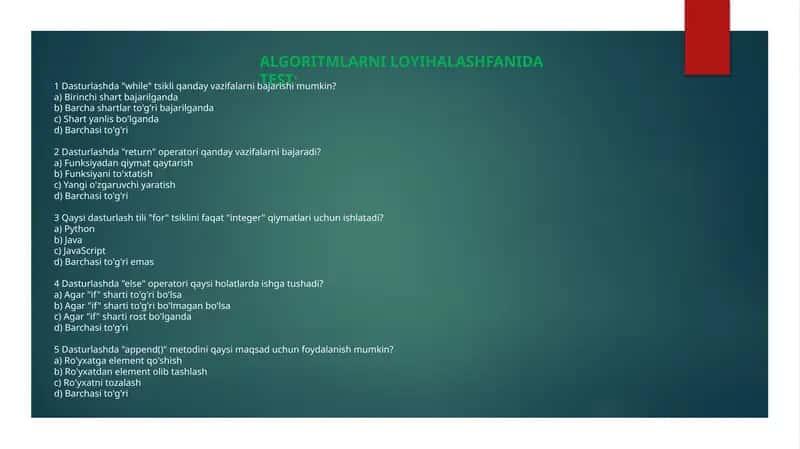 Algoritmlarni loyihalash fanidan test