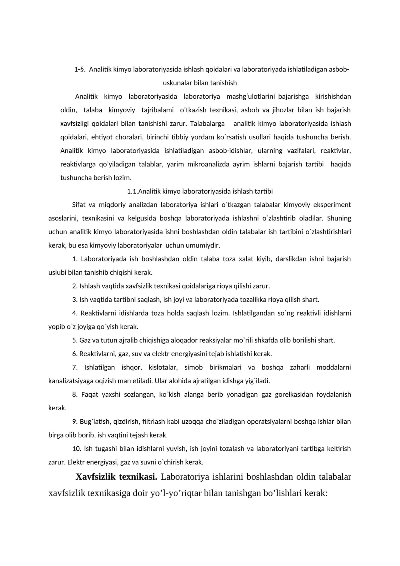 Analitik kimyo laboratoriyasida ishlash qoidlari
