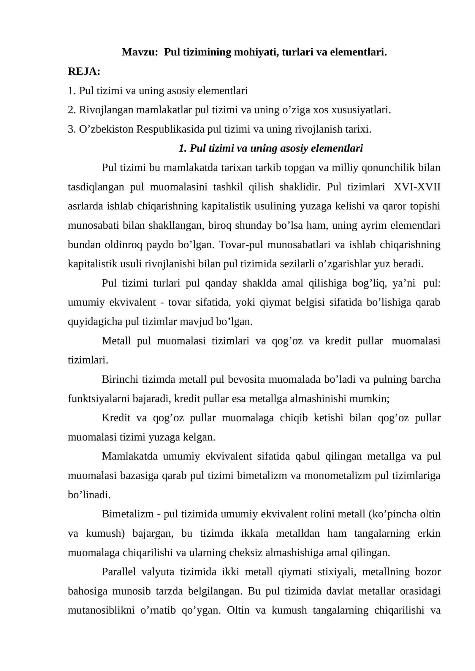Pul tizimining mohiyati, turlari va elementlari