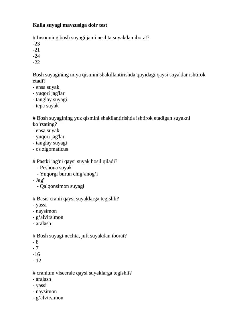 Kalla suyagi mavzusiga doir test