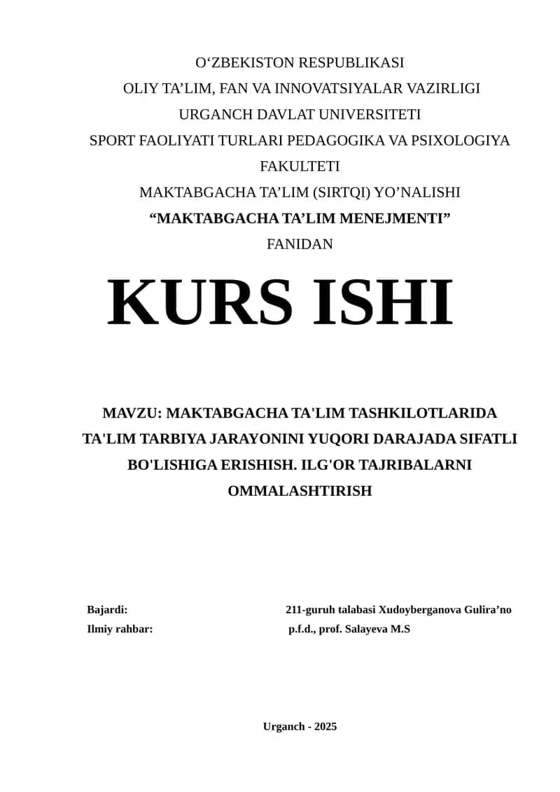 "MAKTABGACHA TA'LIM MENEJMENTI"