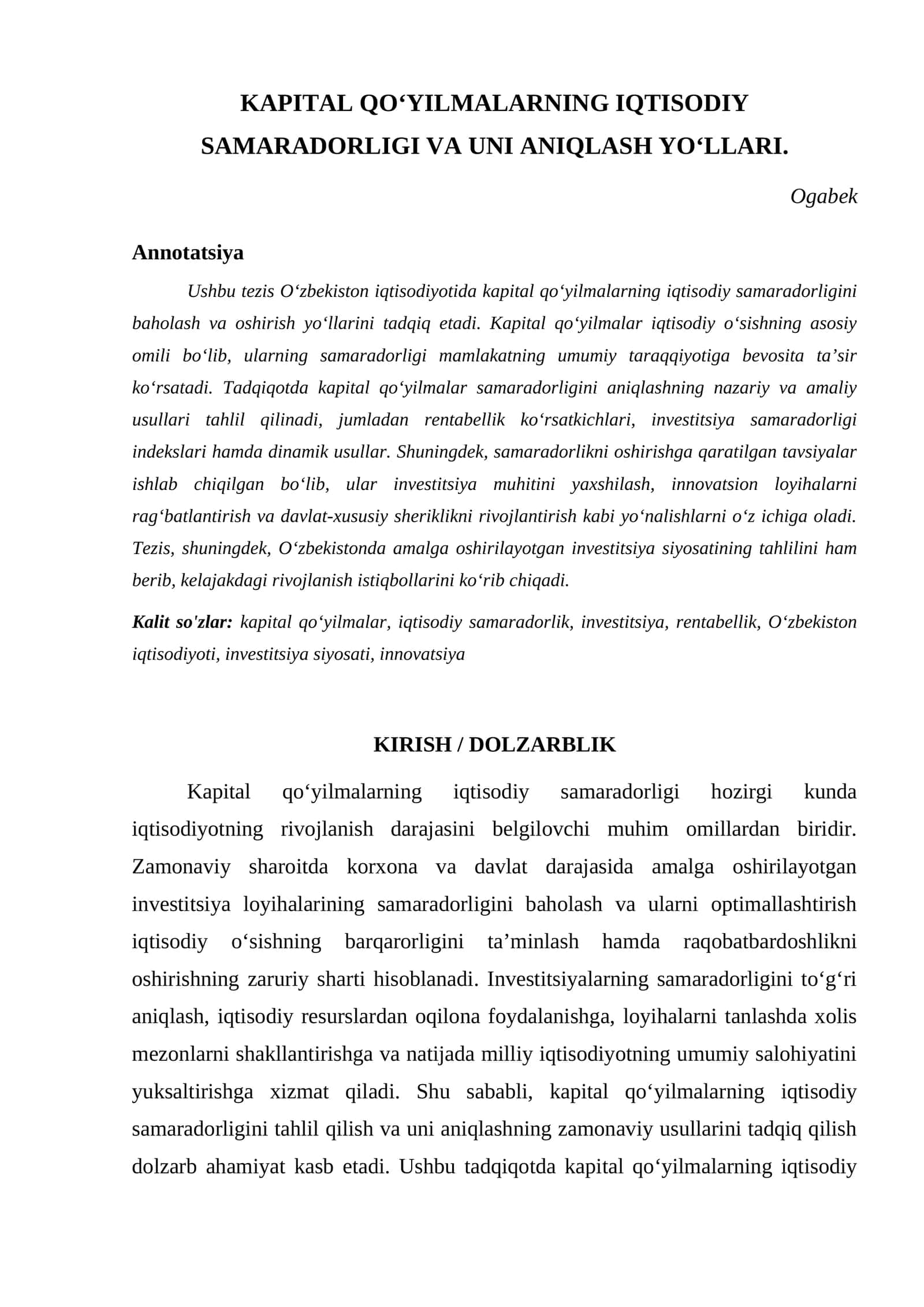 KAPITAL QOʻYILMALARNING IQTISODIY SAMARADORLIGI VA UNI ANIQLASH YOʻLLARI