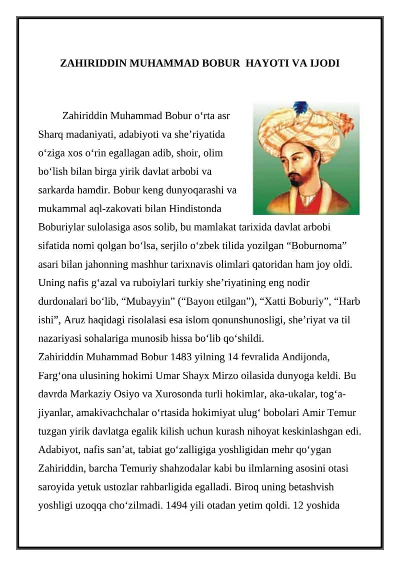 ZAHIRIDDIN MUHAMMAD BOBUR HAYOTI VA IJODI