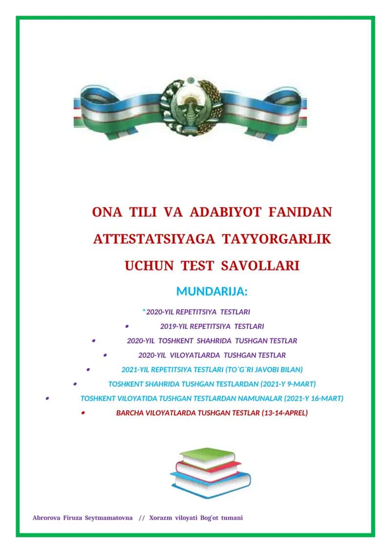 ONA TILI VA ADABIYOT FANIDAN ATTESTATSIYAGA TAYYORGARLIK UCHUN TEST SAVOLLARI