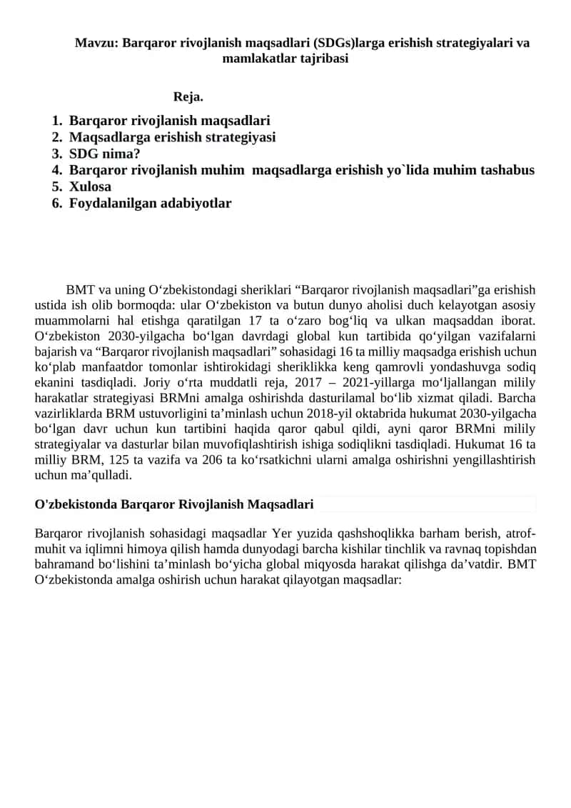 Barqaror rivojlanish maqsadlari (SDGs)larga erishish strategiyalari va mamlakatlar tajribasi