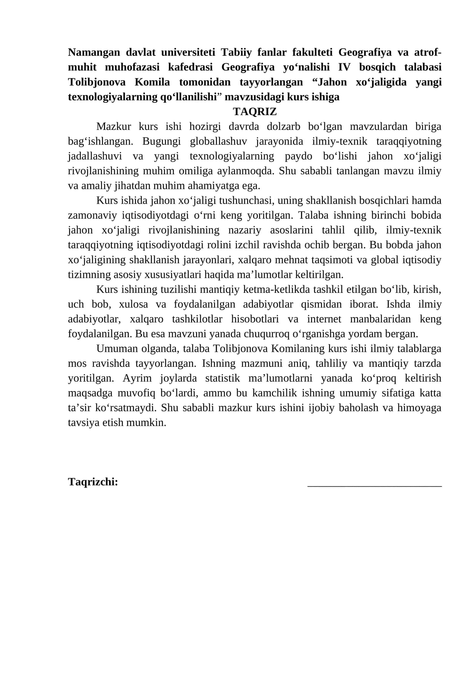 "Jahon xo‘jaligida yangi texnologiyalarning qo‘llanilishi" kurs ishi