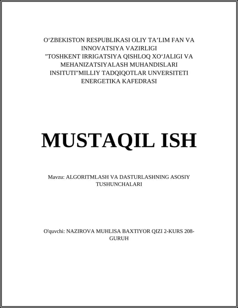 ALGORITMLASH VA DASTURLASHNING ASOSIY TUSHUNCHALARI