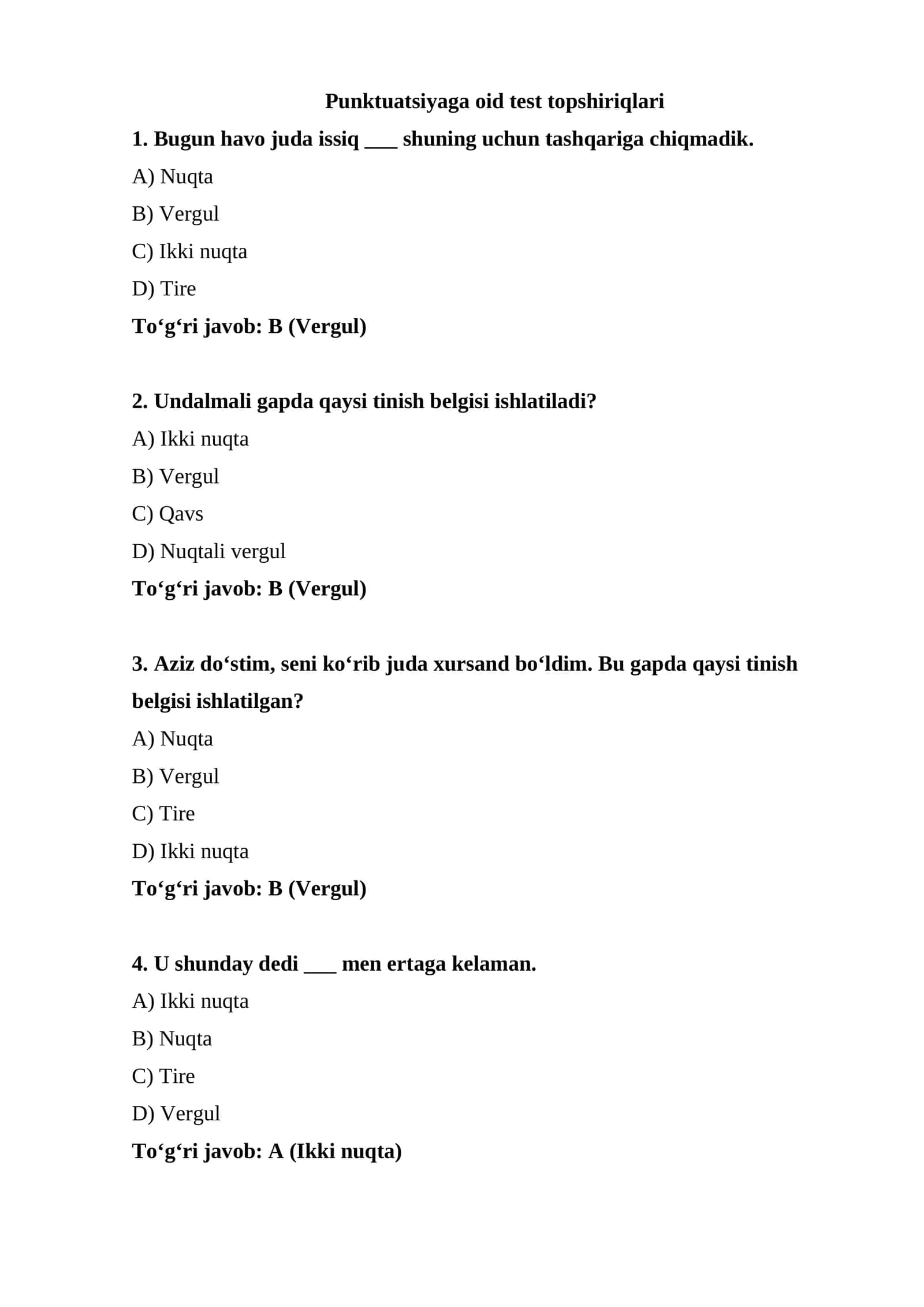 Punktuatsiyaga oid test topshiriqlari