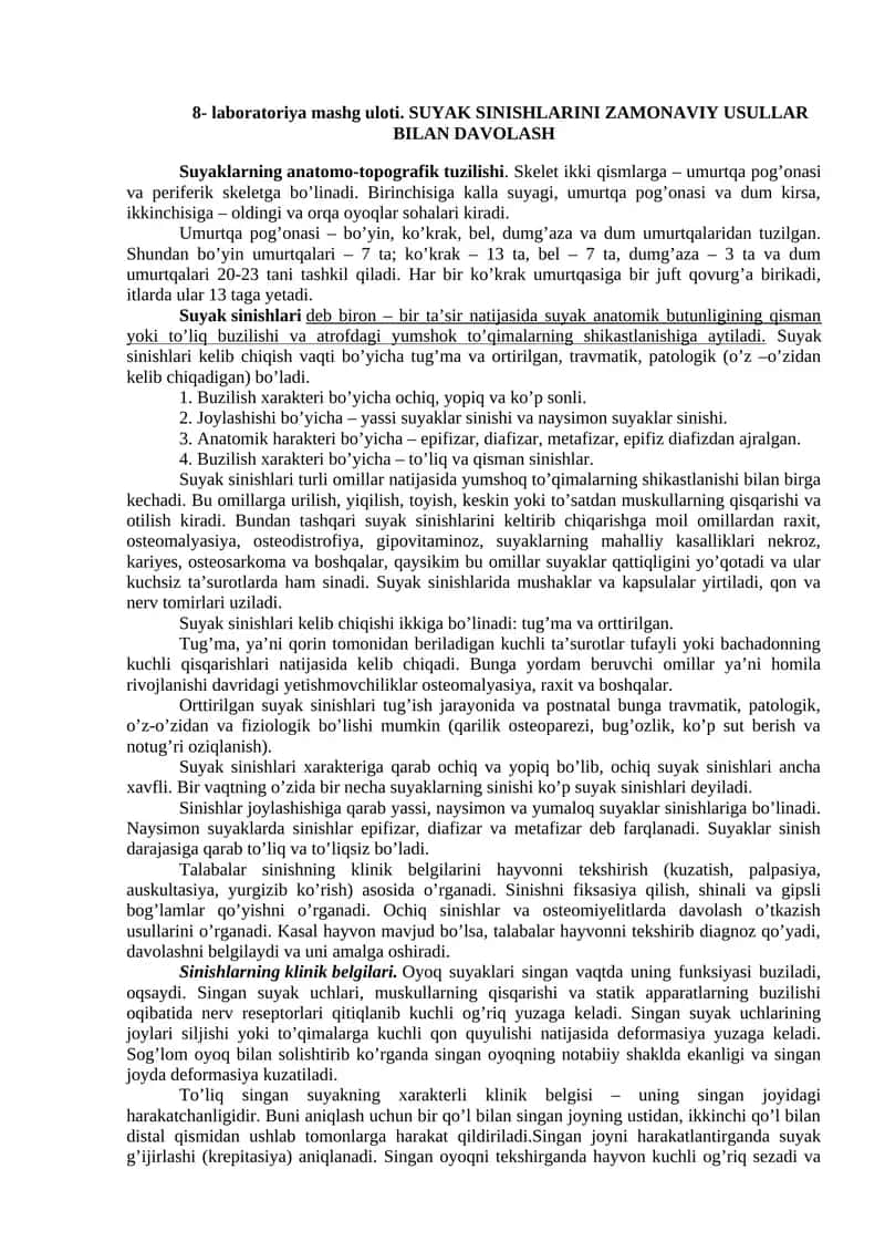 Laboratoriya mashg'uloti "Suyak sinishlarini zamonaviy usullar bilan davolash"