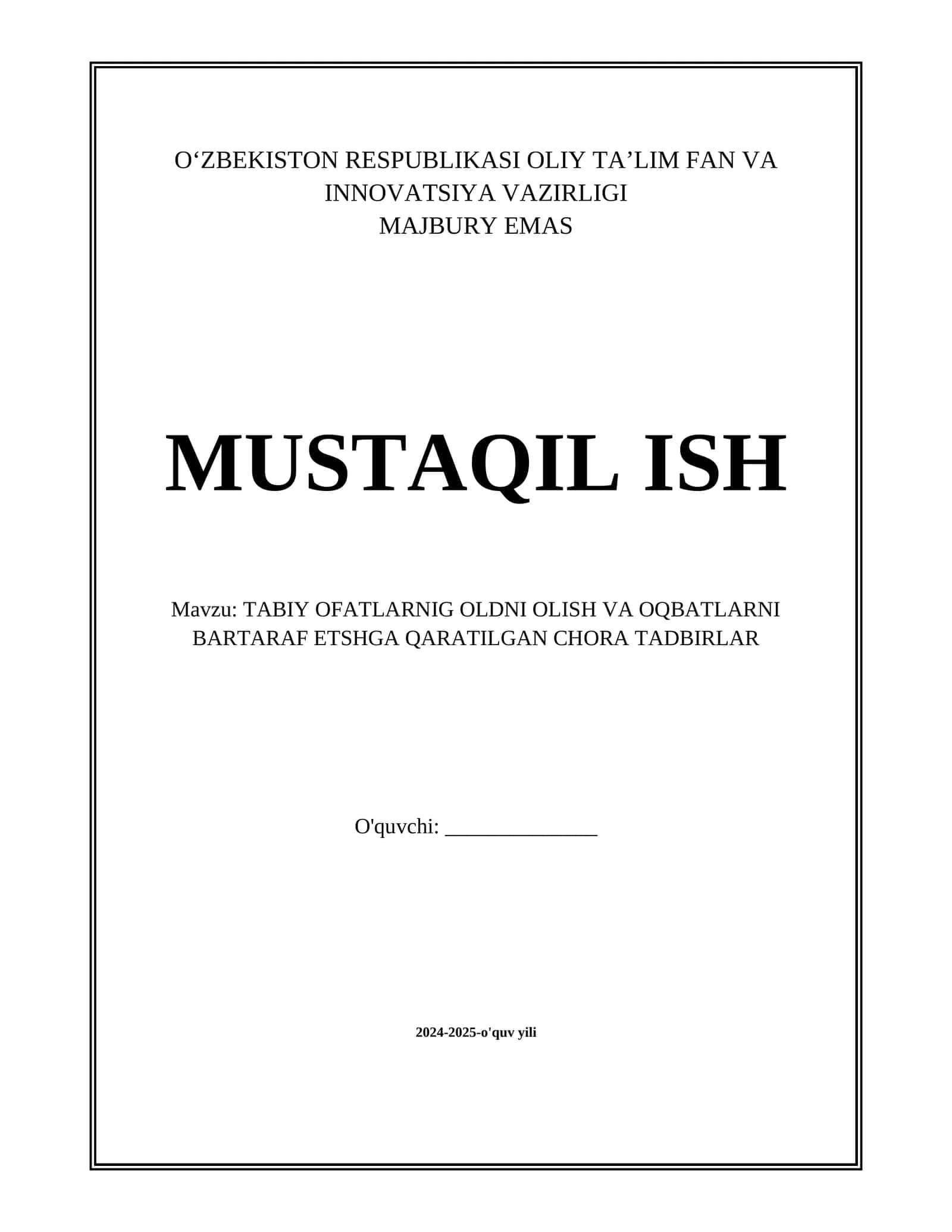 TABIY OFATLARNIG OLDNI OLISH VA OQBATLARNI BARTARAF ETSHGA QARATILGAN CHORA TADBIRLAR