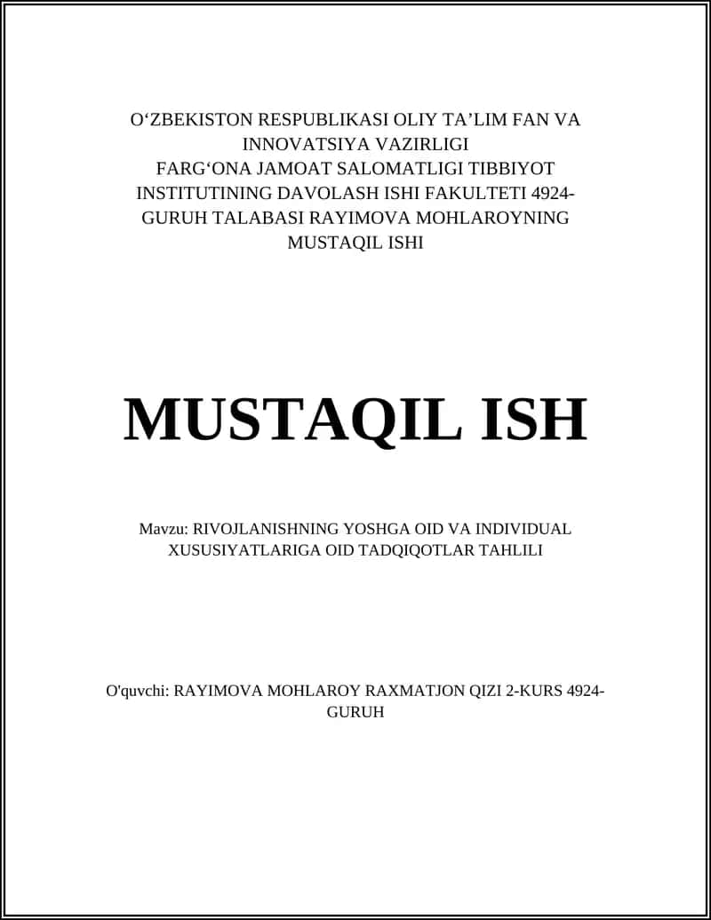 RIVOJLANISHNING YOSHGA OID VA INDIVIDUAL XUSUSIYATLARIGA OID TADQIQOTLAR TAHLILI