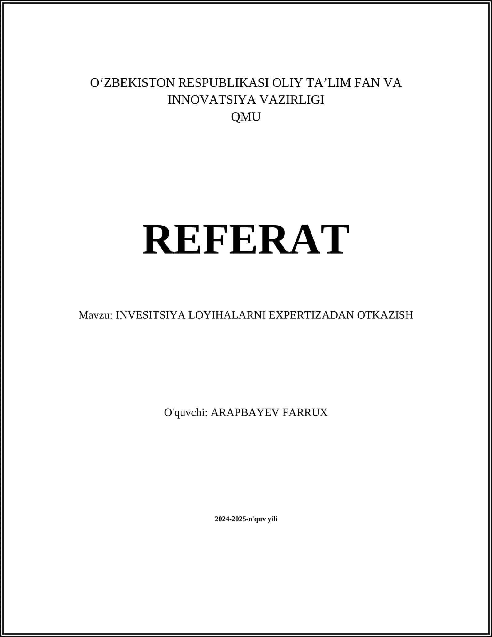 INVESITSIYA LOYIHALARNI EXPERTIZADAN OTKAZISH