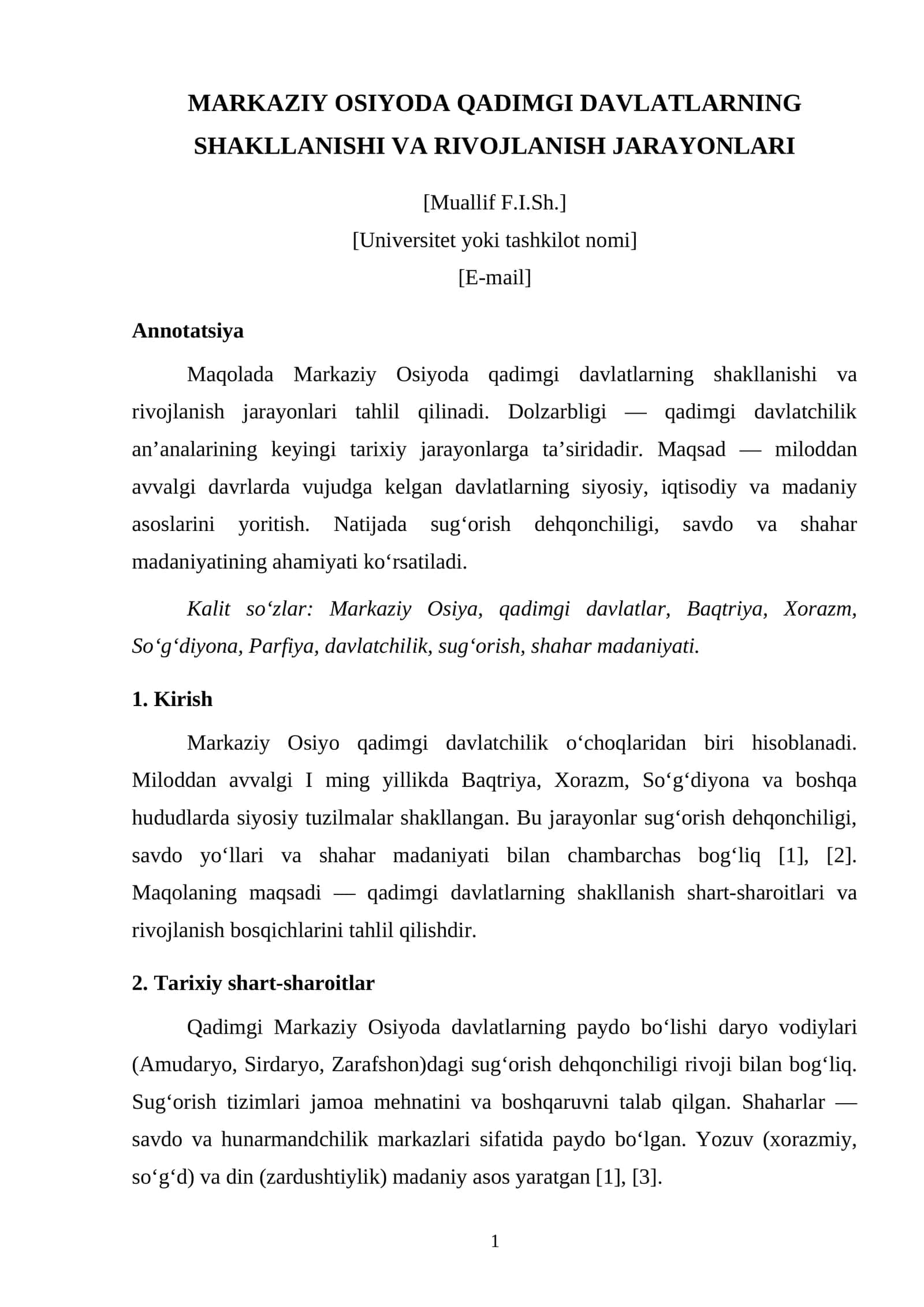 MARKAZIY OSIYODA QADIMGI DAVLATLARNING SHAKLLANISHI VA RIVOJLANISH JARAYONLARI