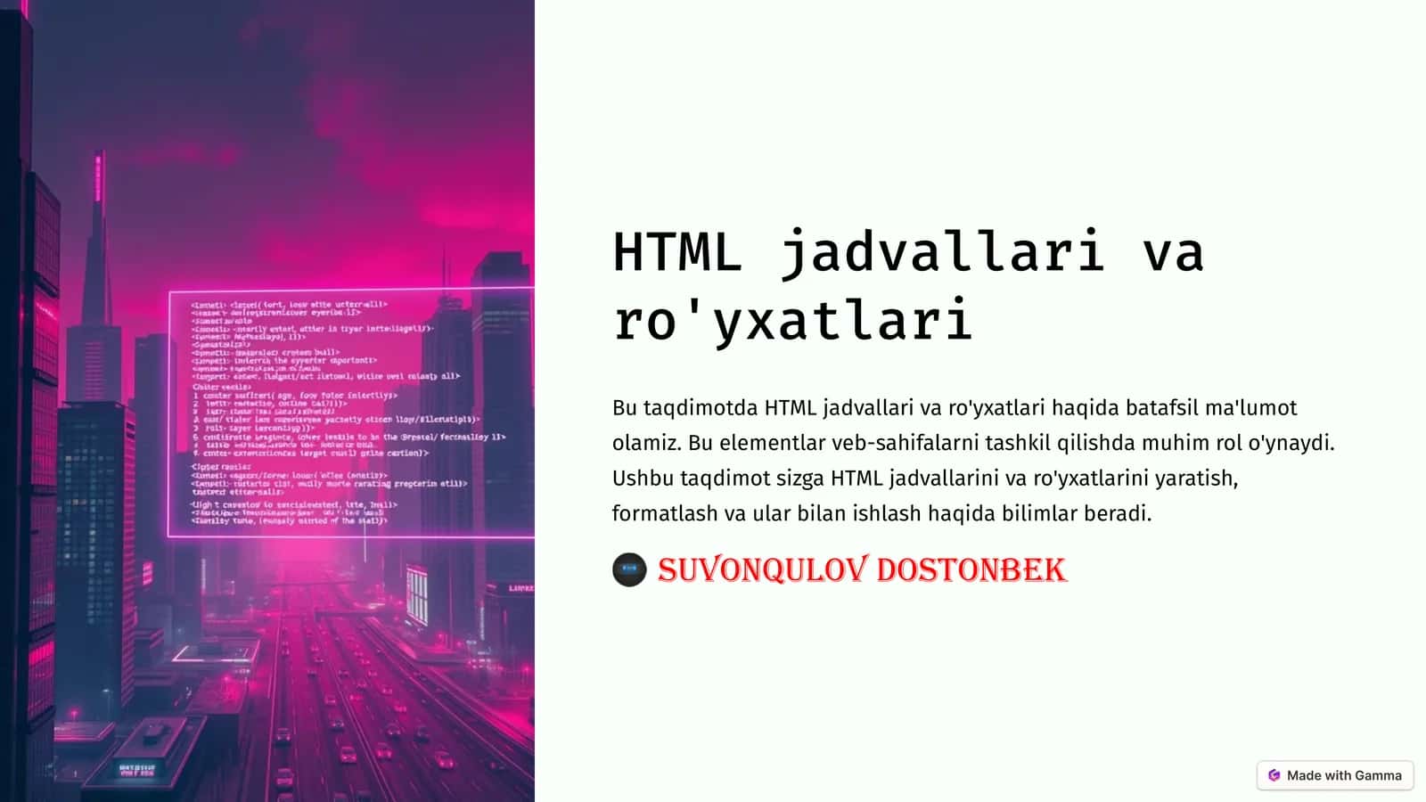 HTML jadvallari va ro'yxatlari
