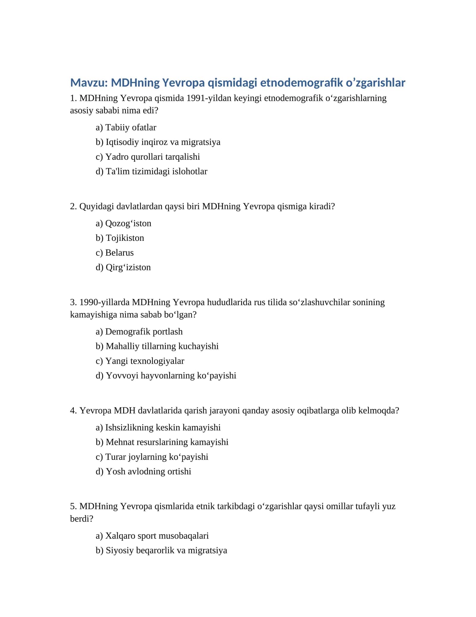 MDHning Yevropa qismidagi etnodemografik o’zgarishlar