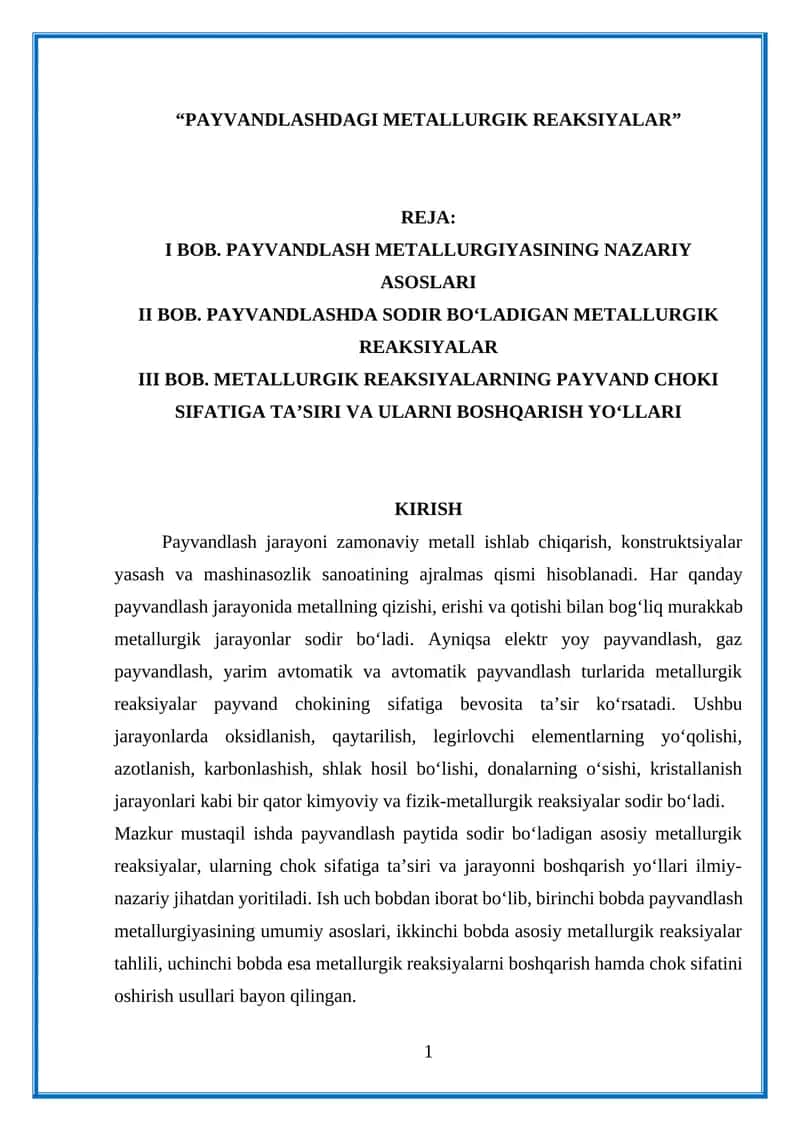 PAYVANDLASHDAGI METALLURGIK REAKSIYALAR