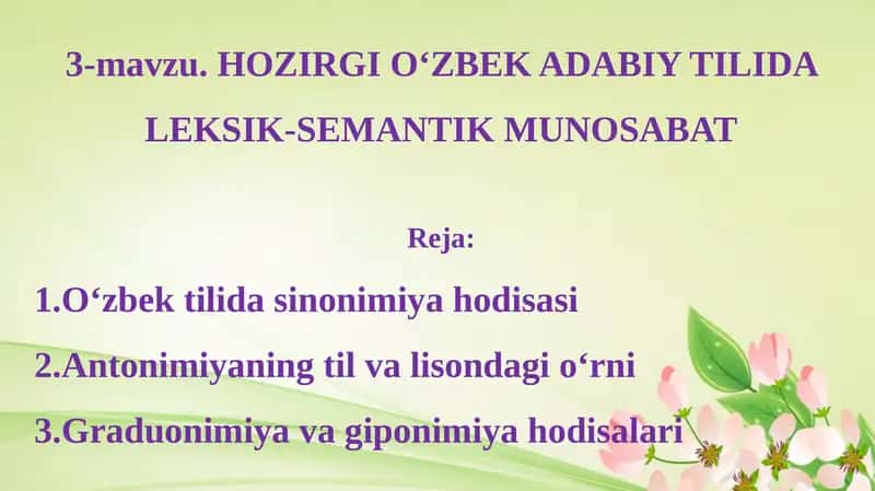 HOZIRGI O‘ZBEK ADABIY TILIDA LEKSIK-SEMANTIK MUNOSABAT