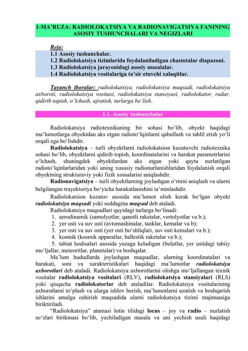 Radiolokatsiya va Radionavigatsiya