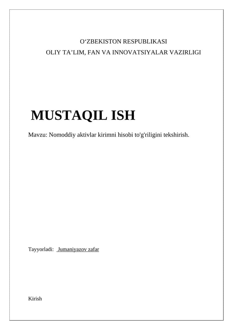 Nomoddiy aktivlar kirimni hisobi to'g'riligini tekshirish