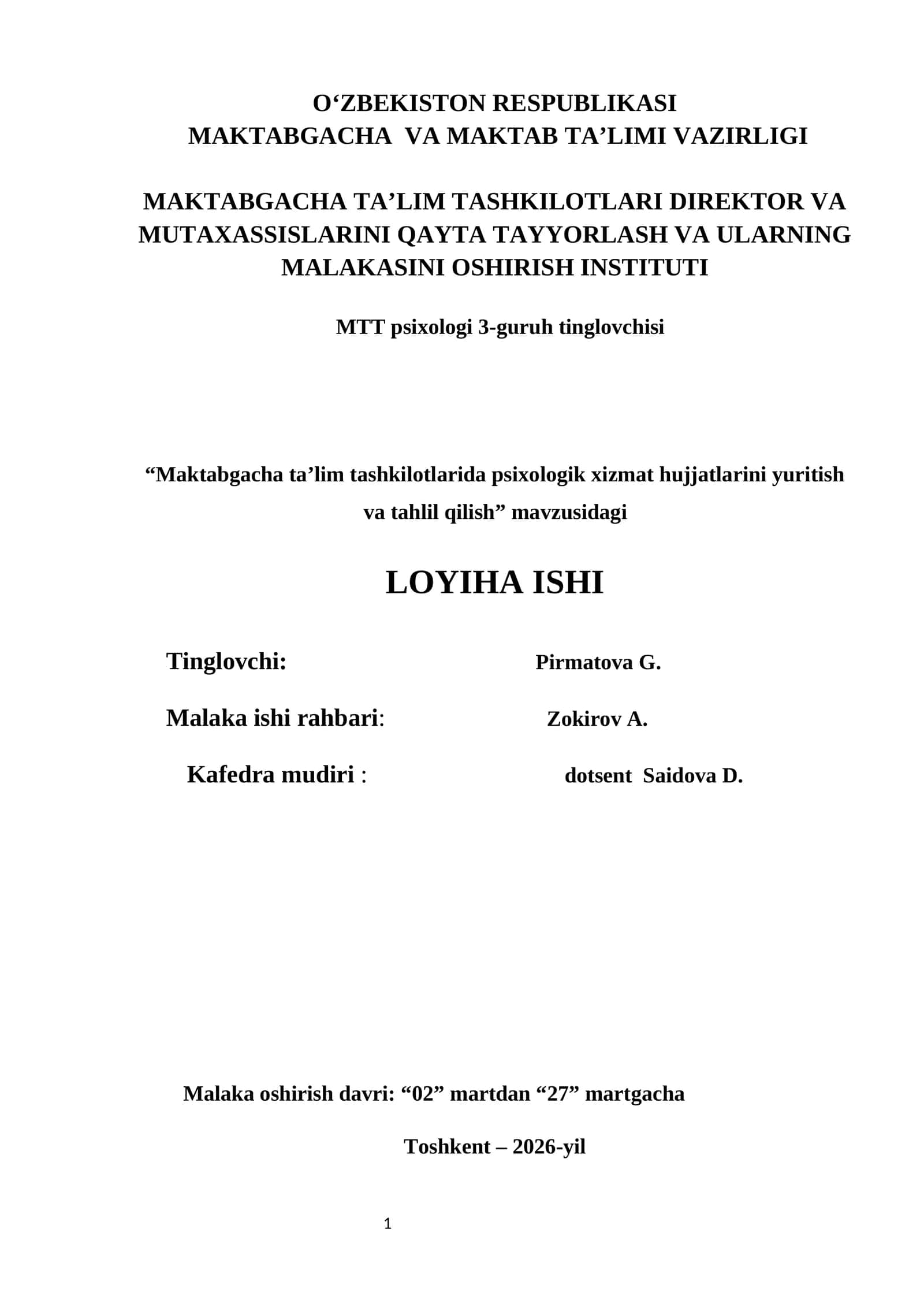 Psixologik xizmatlar mavzusidagi loyiha ishi