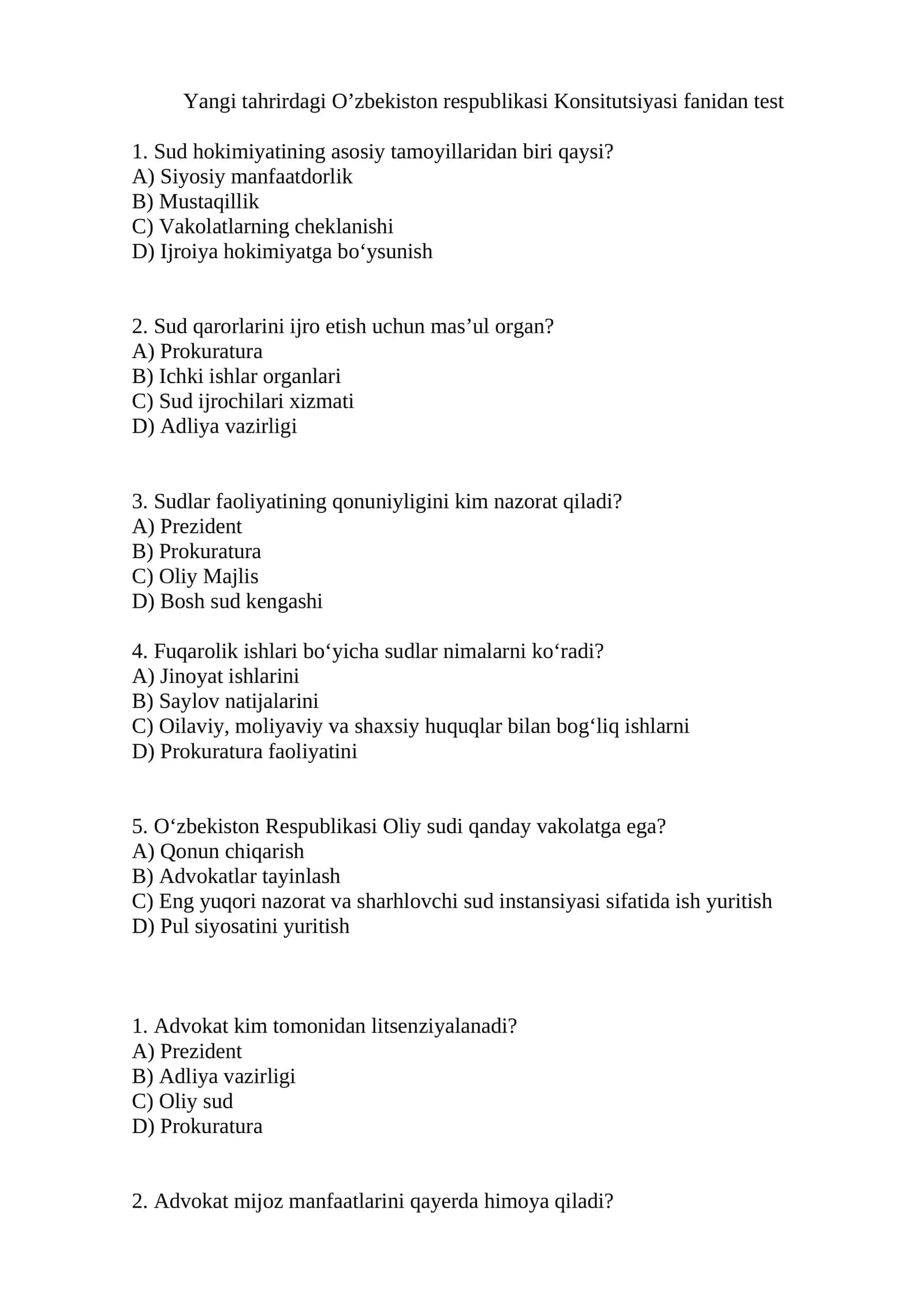 Yangi tahrirdagi O’zbekiston respublikasi Konsitutsiyasi fanidan test