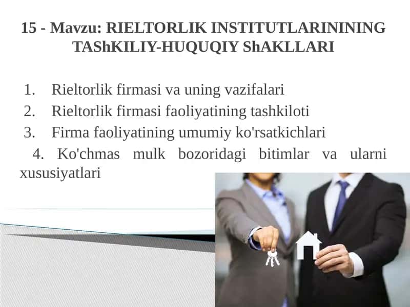 RIELTORLIK INSTITUTLARININING TAShKILIY-HUQUQIYShAKLLARI