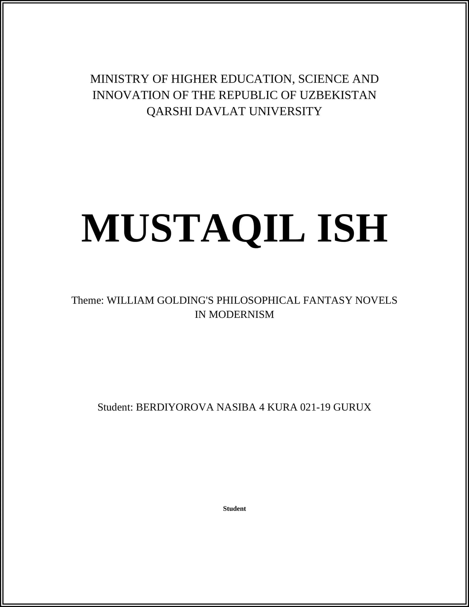 WILLIAM GOLDING'S PHILOSOPHICAL FANTASY NOVELS IN MODERNISM