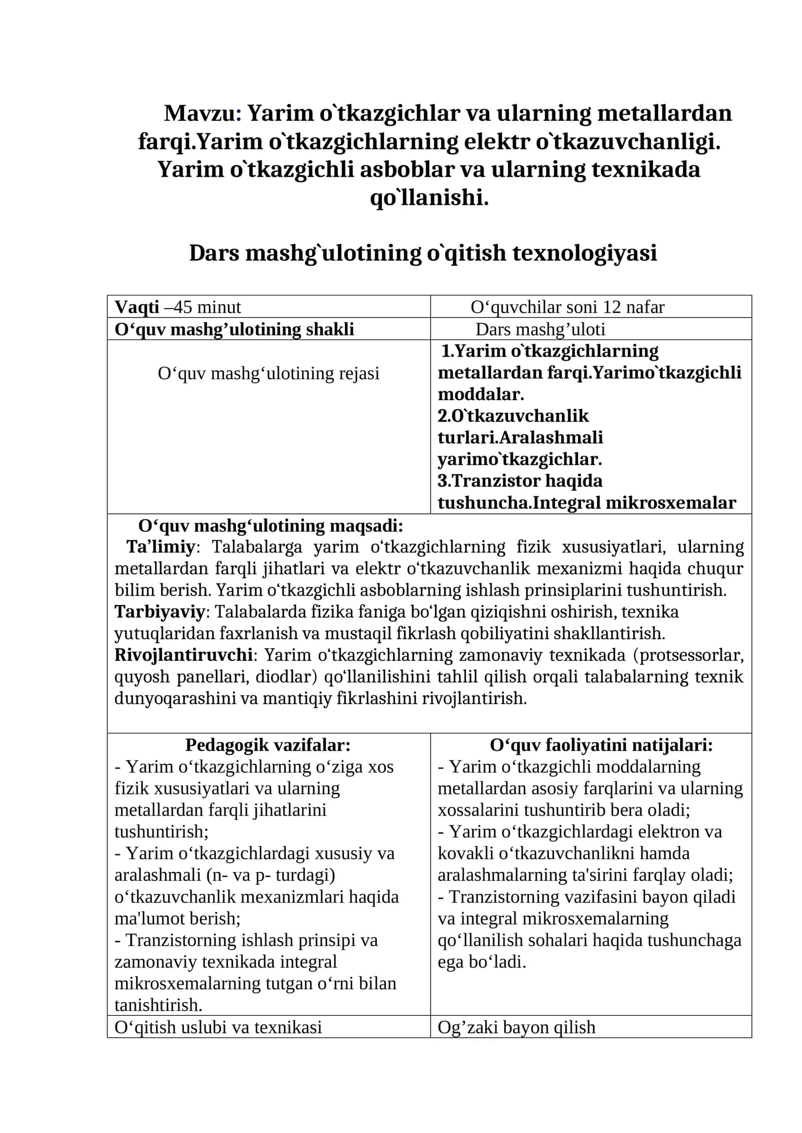Yarim o`tkazgichlar va ularning metallardan farqi.Yarim o`tkazgichlarning elektr o`tkazuvchanligi. Yarim o`tkazgichli asboblar va ularning texnikada qo`llanishi mavzusida tayyor dars ishlanmasi va dars loyihasi