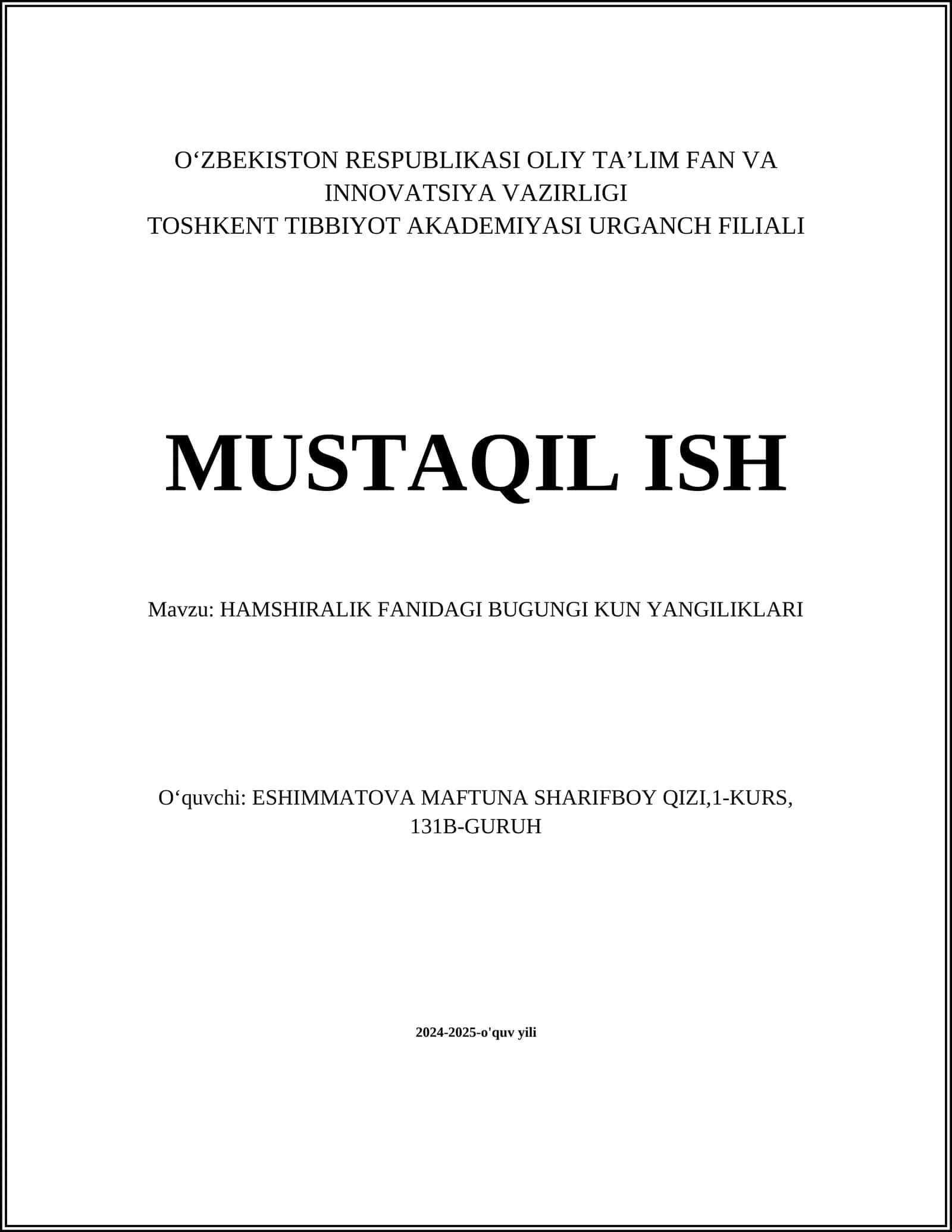 HAMSHIRALIK FANIDAGI BUGUNGI KUN YANGILIKLARI