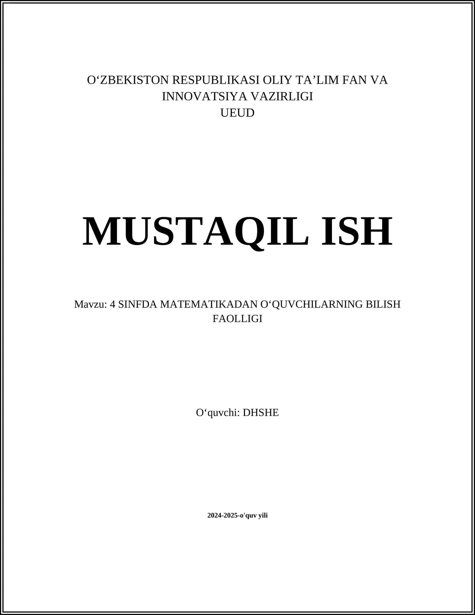 4 SINFDA MATEMATIKADAN OʻQUVCHILARNING BILISH FAOLLIGI