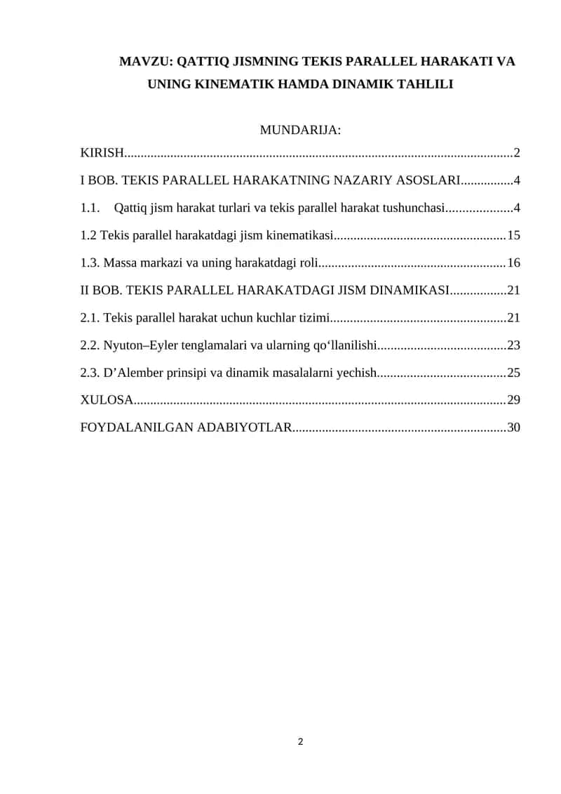 QATTIQ JISMNING TEKIS PARALLEL HARAKATI VA UNING KINEMATIK HAMDA DINAMIK TAHLILI