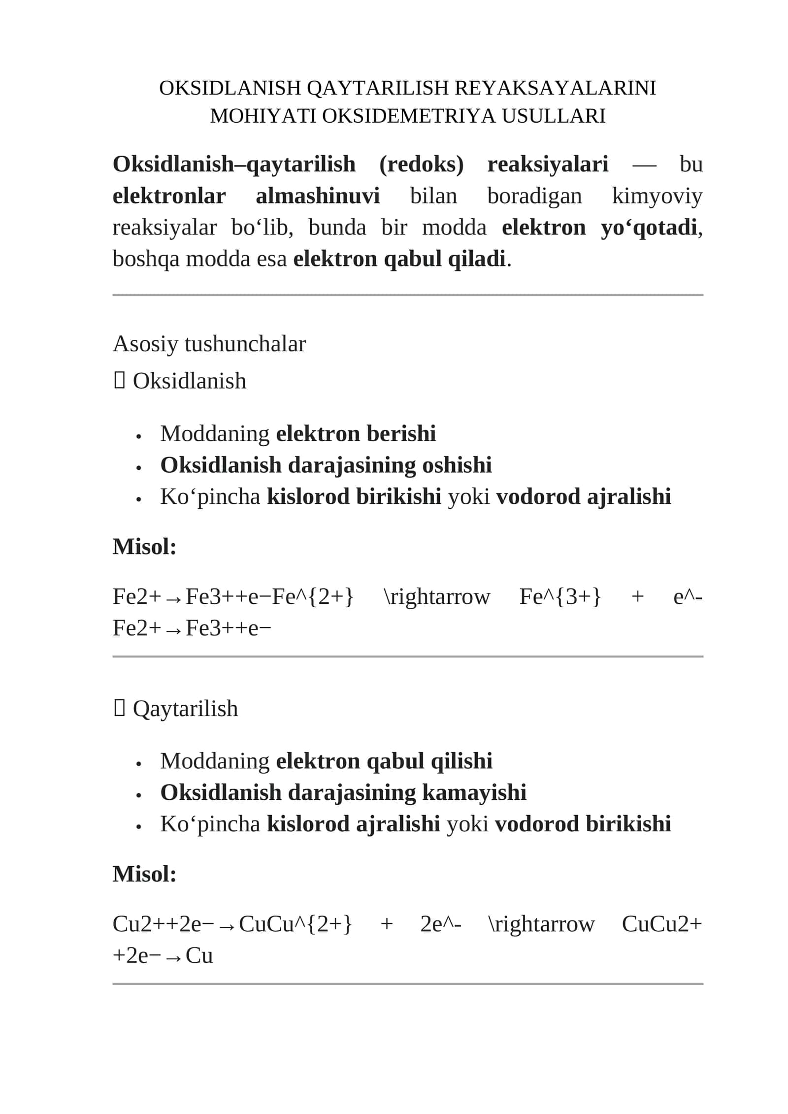 Oksidlanish Qaytarilish Reyaksayalarini Mohiyati Oksidemetriya Usullari