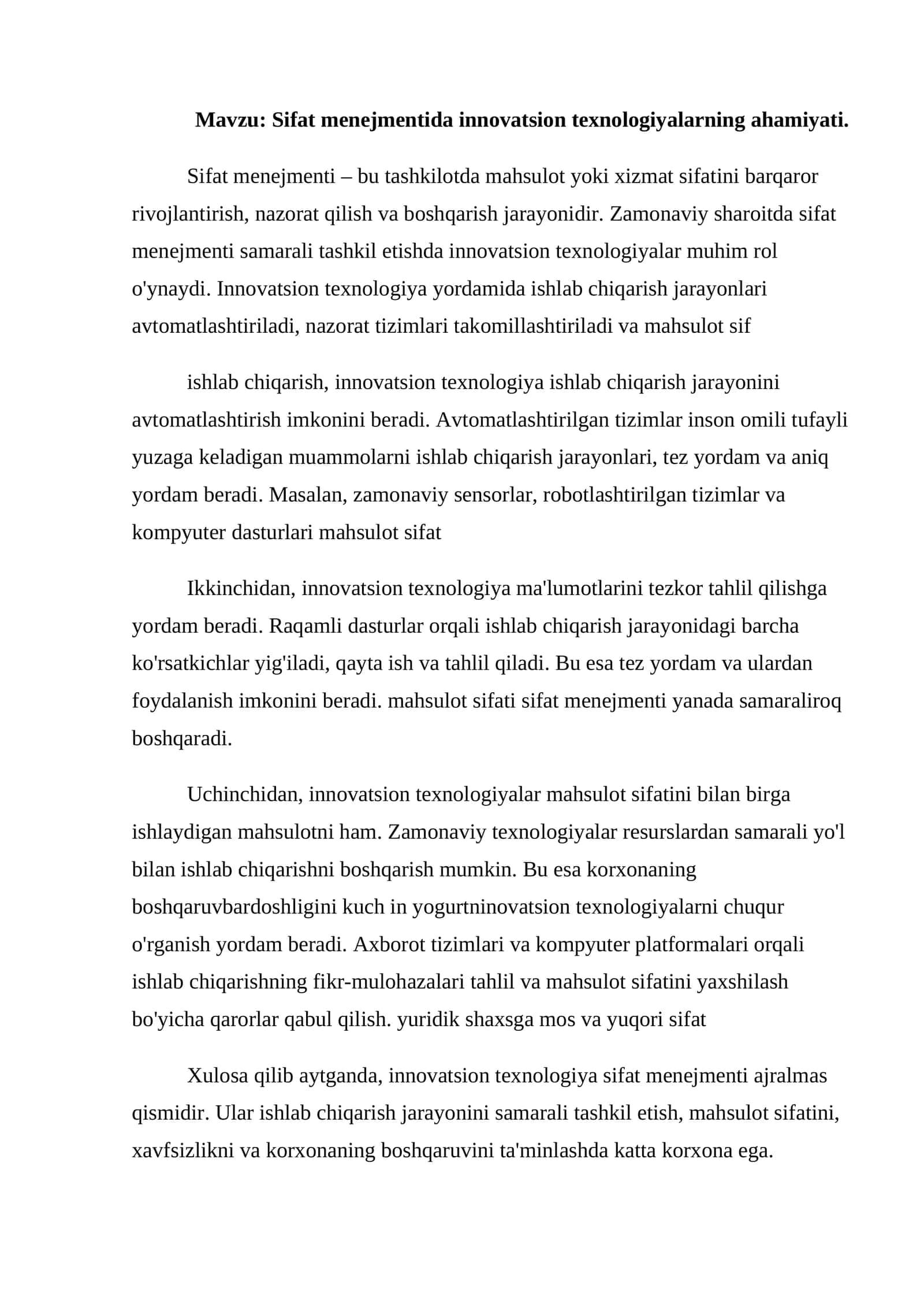 Sifat menejmentida innovatsion texnologiyalarning ahamiyati