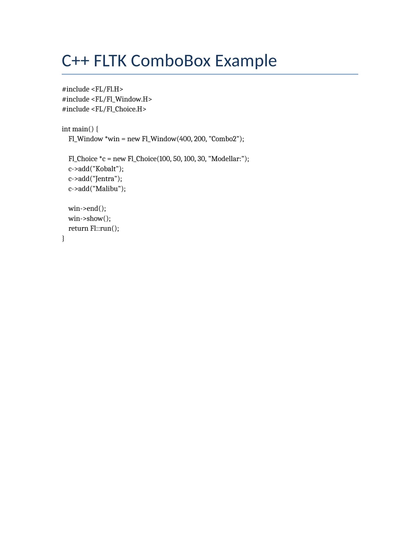 C++ FLTK ComboBox Example